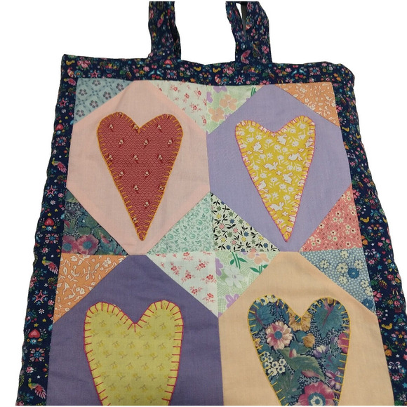 Vintage Patchwork Shoulder Bag Tote Purse Hearts Cottage Grandma Coquette Quilt - Picture 3 of 5